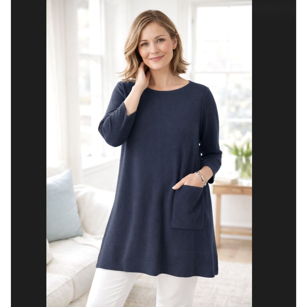 J. Jill Sweater Tunic Large Navy Blue A-Line Single Pocket 3/4 Sleeve Casual EUC